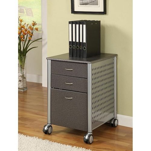 Granite Black 3-Drawer Modern File Cabinet with Glass Top and Wheels