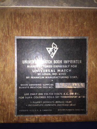 VINTAGE UNIVERSAL MATCH BOOK IMPRINTER FRANKLIN MANUFACTURING HOT FOIL STAMPING
