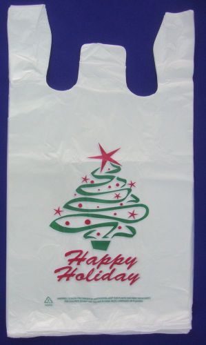 Christmas T-Shirt Bag Happy Holiday Plastic Shopping Bags Handles 11.5&#034;x 6&#034;x 21&#034;
