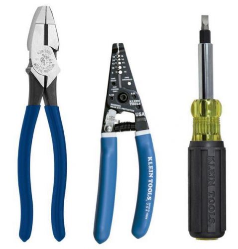 Klein 3-piece electrician&#039;s tool kit electrical set pliers stripper screwdriver for sale