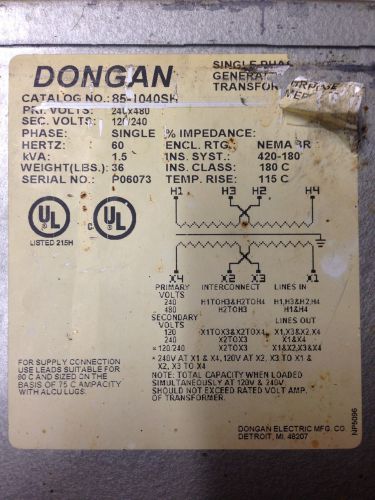 Dongan Industrial Control Transformer 85-1040SH, Single Phase, USED