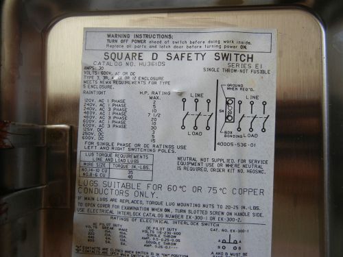 Square D Stainless Steel Heavy Duty Safety Switch Disconnect HU361DS 30 Amp 600V