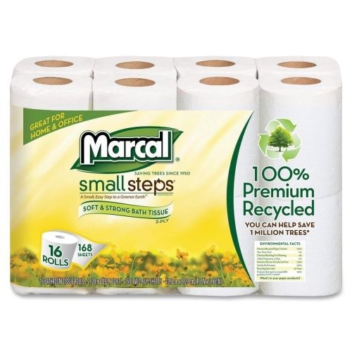 Marcal Small Steps Recycled Premium Bath Tissue - 168 Sheets/Roll - 16 / Pk