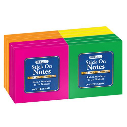 BAZIC 90 Ct. 3&#034; X 3&#034; Neon Stick On Notes (12/Shrink), Case of 12