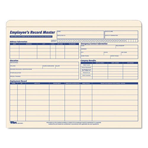 Employee record master file jacket, 9 1/2 x 11 3/4, 10 point manila, 20/pack for sale