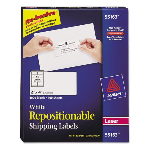 Repositionable Shipping Labels for Laser Printers, 2 x 4, White, 1000/Box