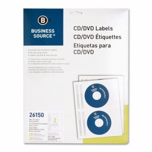 Business Source CD/DVD Labels, Laser/Inkjet, 20/PK, White/Glossy (BSN26150)