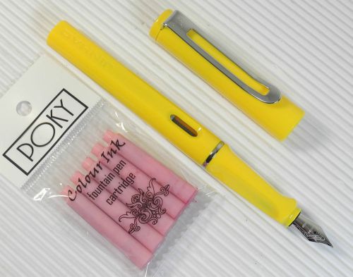 Jinhao 599b fountain pen yellow plastic barrel + 5 poky cartridges pink ink for sale