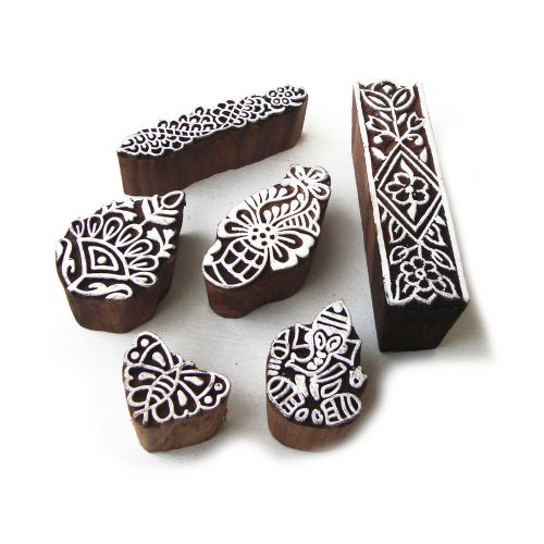 Multi hand carved ganesha &amp; floral pattern wooden block tags (set of 6) for sale