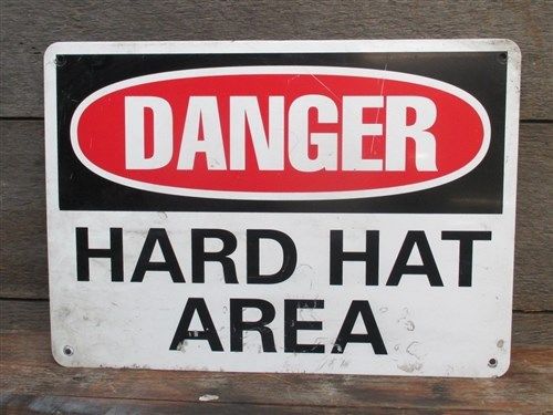 14&#034; x 10&#034; Plastic Danger Hard Hat Area Warning Sign Vintage ManCave Garage Art