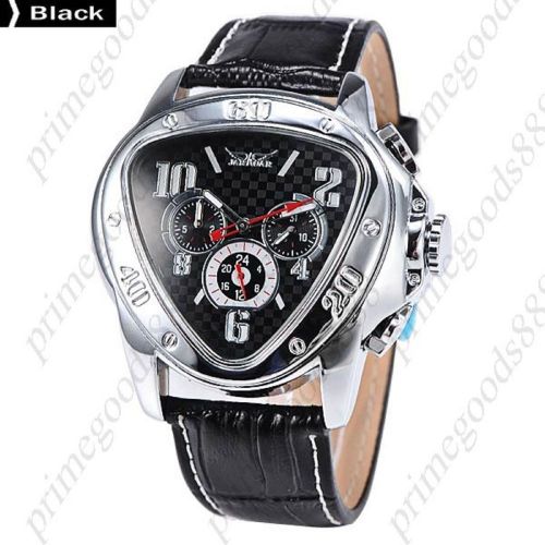 Triangle 6 Hands PU Leather Strap Mechanical Wrist Men&#039;s Wristwatch Silver Black
