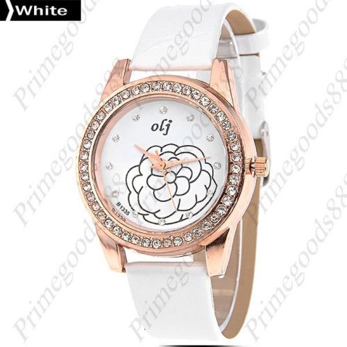 Round Rhinestones PU Leather Analog Quartz Wrist Wristwatch Women&#039;s White