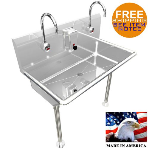 2 STATION 36&#034; WASH UP SINK HANDS FREE HEAVY DUTY STAINLESS STEEL ELECTR.  FAUCET