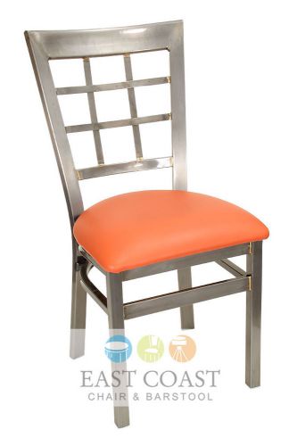 New Gladiator Clear Coat Window Pane Metal Restaurant Chair w/ Orange Vinyl Seat
