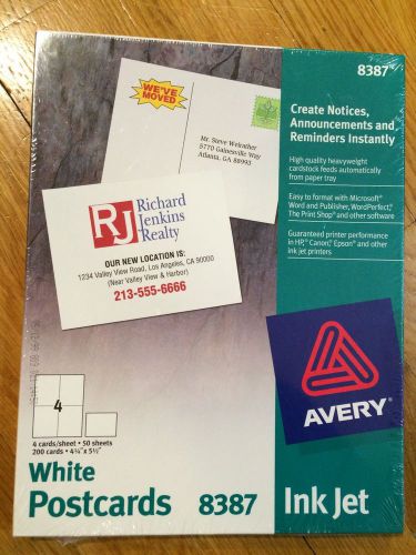 Avery White Postcards-Ink Jet Printer-60 Postcards/Recipe Cards 4-1/4&#034; x 5-1/2&#034;