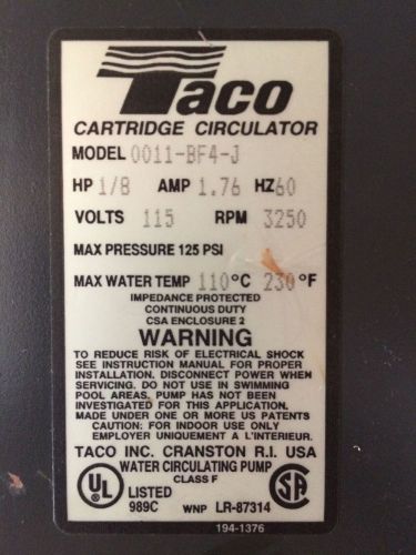 Taco cast iron circulator pump 1/8hp model: 0011-bf4-j for sale