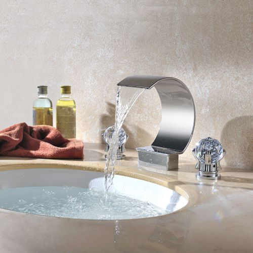 Modern Waterfall 2 Crystal Handle 3 Hole Vessel Sink Faucet Tap Free Shipping