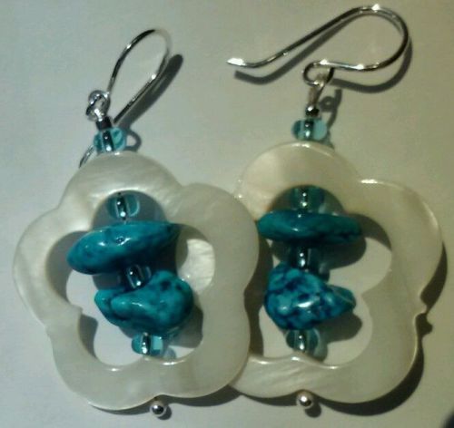 TURQUOISE  BLUE  SHELL  HANDMADE EARRING IN STERLING SILVER