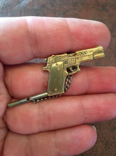 Rare Signed Smith &amp; Wesson Gun &amp; Handcuffs Tie Tac Pin - Gold USA XXII Olympics