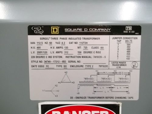 Square d 112.5 kva 3 phase pri 480 volt transformer (tra3100) for sale
