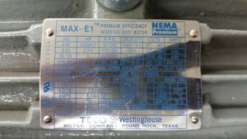 TECO EP0036 MAX-E1 3PH Premium Efficiency Inverter Duty Motor 6 Pole 213T AEHH8N