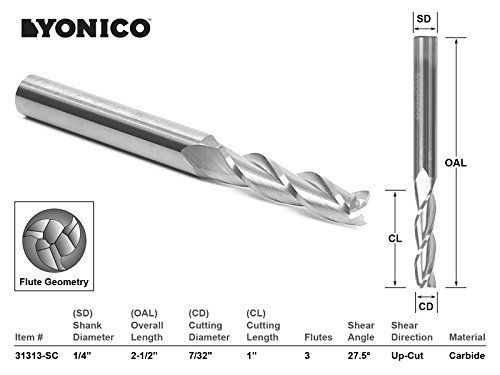 Yonico 31313-SC CNC Router Bit Up Cut Solid Carbide with 1/4&#034; Shank, 7/32&#034; x 1&#034;