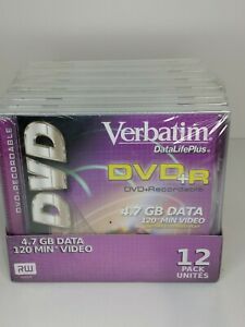 Verbatim Data Life Plus DVD+R 4.7 GB Data 2.4X Speed - 12 Pack with Jewel Cases