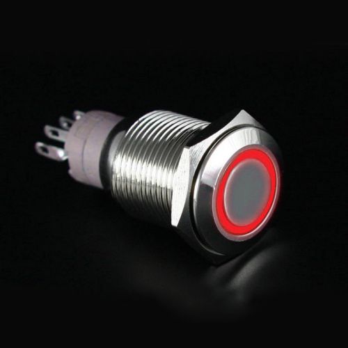 12V 16mm LED Power Push Button Switch Silver Aluminum Latching Type B 321