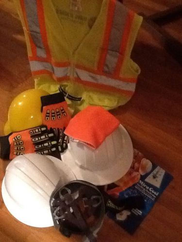 new &amp; used safety LOT hard hats decals new gloves, new FR neck liner HI VIS vest