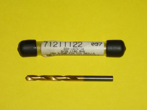 TIN Coated 3/16&#034; Solid Carbide Jobber Length Drill Bit NEW