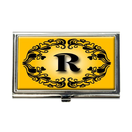 Elegant Letter R Initial Fancy Gold Black Business Credit Card Holder Case