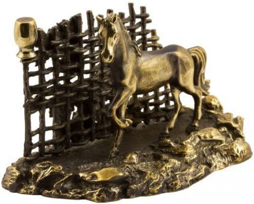 Russian Bronze Solid Brass Card Holder IronWork Horse Village Fence Figurine NEW