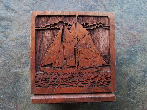 Vtg laasercraft walnut wooden pencil holder or clip cup sail boat for sale