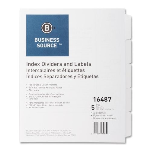 BSN16487 Index Dividers, Unpunched, 5-Tab, 25 Sets/BX, White