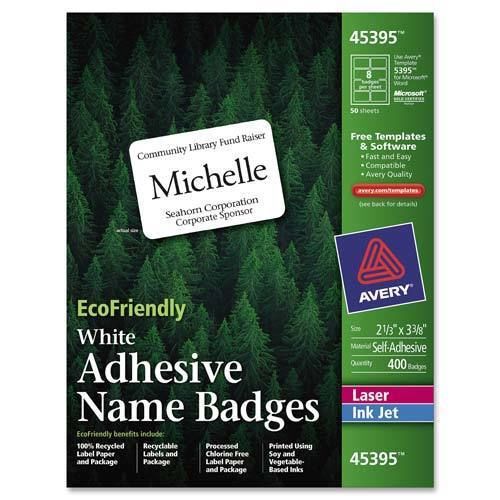 Avery 45395 EcoFriendly White Adhesive Name Badges, 2-1/3&#034; x 3-3/8&#034; Box of 400..