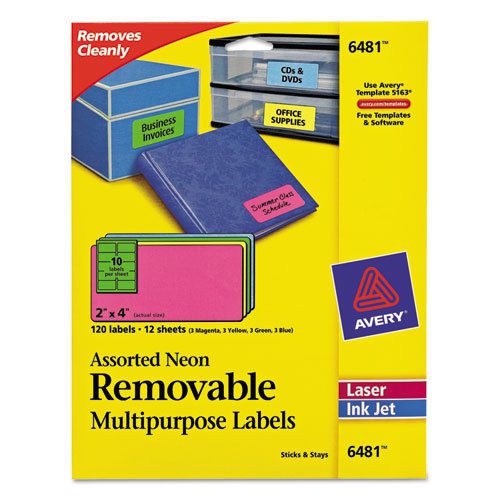 Removable Self-Adhesive Multipurpose Labels, 2 x 4, Assorted Neon, 120/Pack