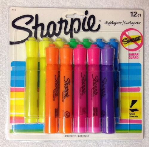 Sharpie 12 Pk. Highlighter Chisel Tip Assorted Colors, Smear Guard.  Model 25145