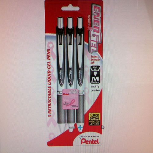 Pentel EnerGel Deluxe Pink Ribbon Retractable Gel-Ink Pens Black Ink Barrel 3 PK