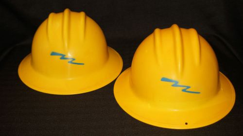 Vtg pair of 50s/60s bullard hard boiled thermoplastic yellow lineman hard hats for sale