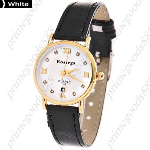 Gold Rhinestones PU Leather Date Quartz Lady Ladies Wristwatch Women&#039;s White