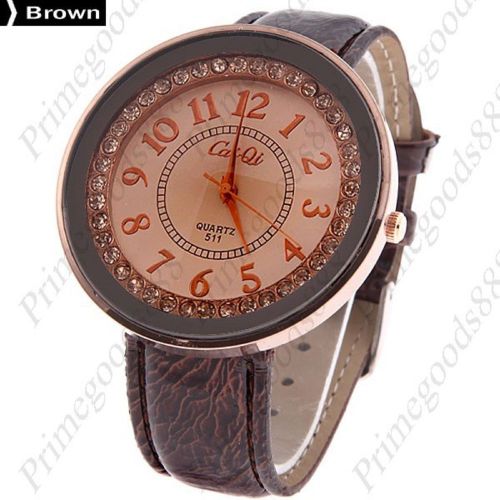 Round PU Leather Strap Rhinestones Wrist Quartz Wristwatch Women&#039;s Brown