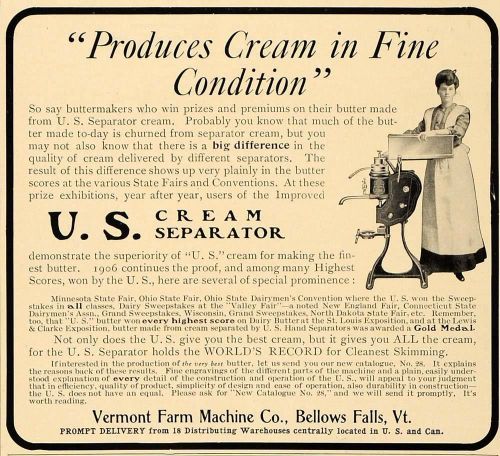 1906 Ad Cream Separator Butter Vermont Farm Machine - ORIGINAL ADVERTISING CL4