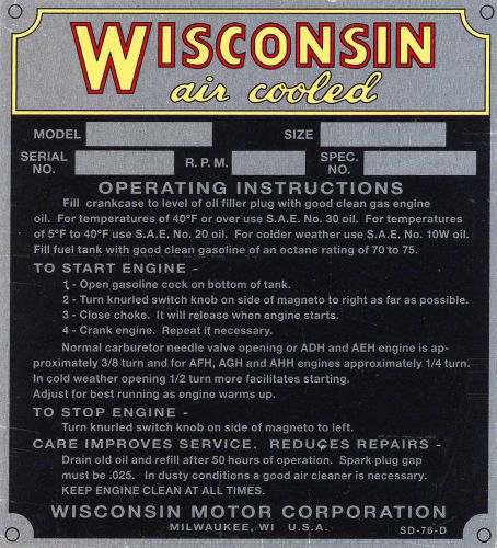 Wisconsin engine specification plate for sale
