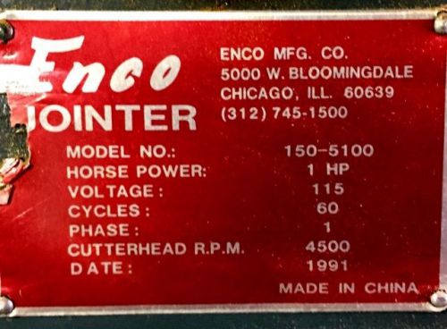 Enco Jointer Model No.: 150-5100