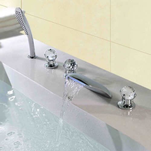 Modern Bathroom  LED Waterfall 3 Crystal Handle Roman Tub Faucet Free Shipping