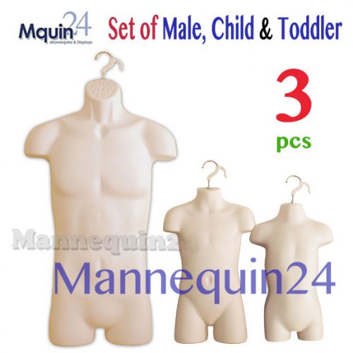 HARD PLASTIC 3 MANNEQUINS : MALE, CHILD &amp; TODDLER BODY FORMS w/HANGING HOOKS
