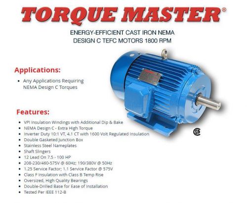 TORQUE MASTER 100HP ELECTRIC MOTOR(S) TM1004TEF LIST $4605.00