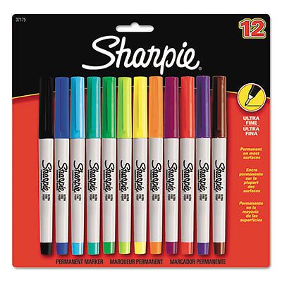 Permanent Markers, Ultra Fine Point,, Assorted Colors, 12/Pack