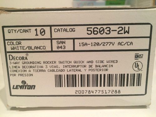 Box 10 Leviton 5603-2w Decora 3 Way Grounding Rocker Switch 15a 120/277v