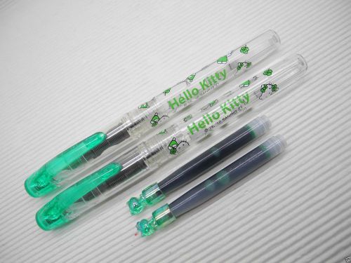 (2 Green Pens) Platinum Hello Kitty Preppy Stainless 0.3mm Fine Fountain Pen